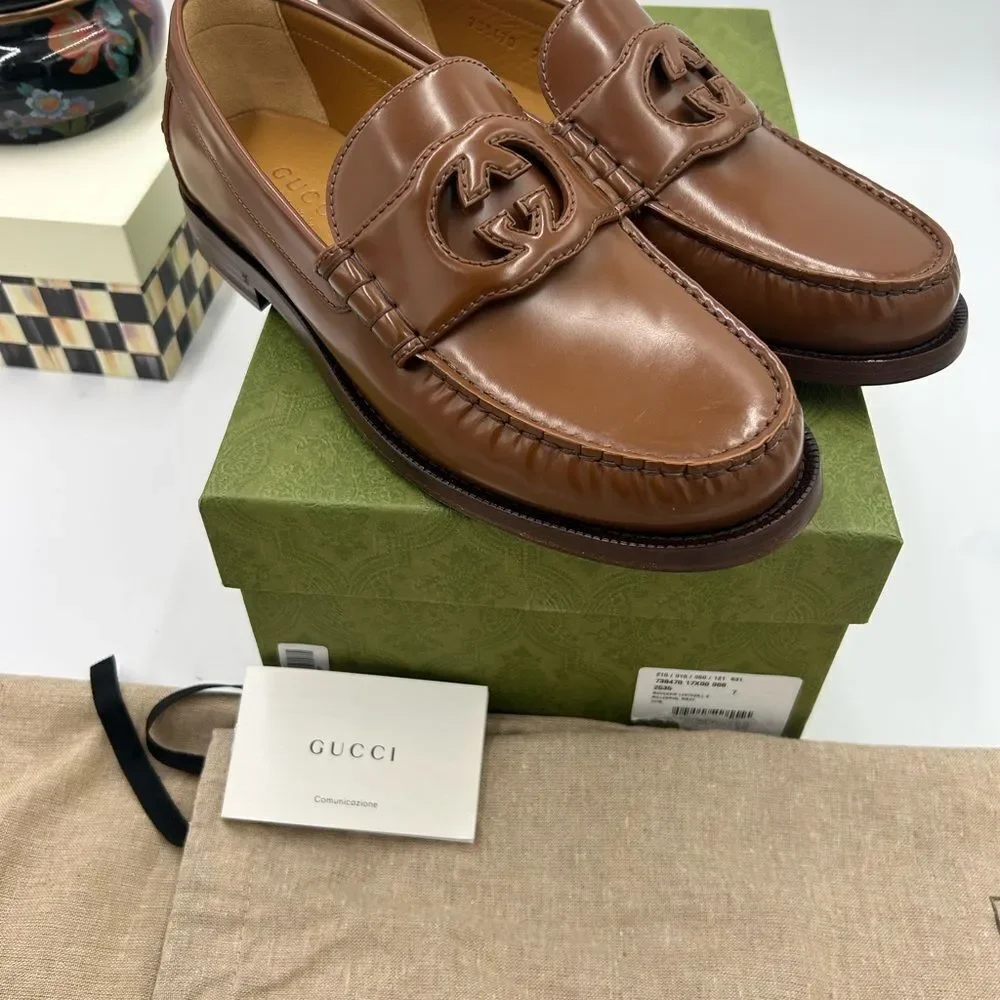 Men's Gucci interlocking G leather loafers size 7 fits eight US made in Italy